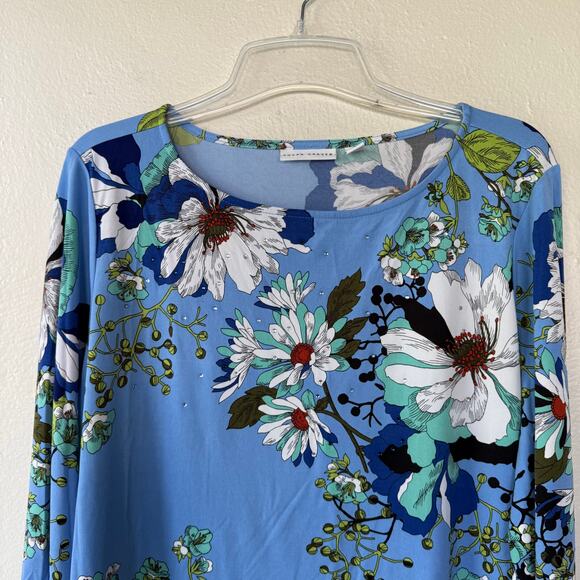 Susan Graver Liquid Knit Blue Floral beaded top size XL - Picture 3 of 9